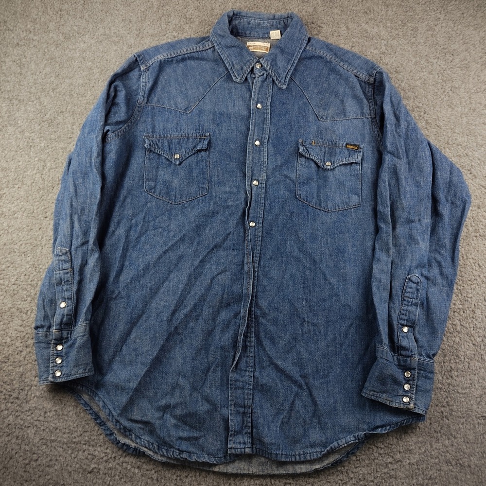 VTG 70s Sears Roebucks Western Wear Denim Pearl Snap Shirt Blue XL 17-17.5 Mens